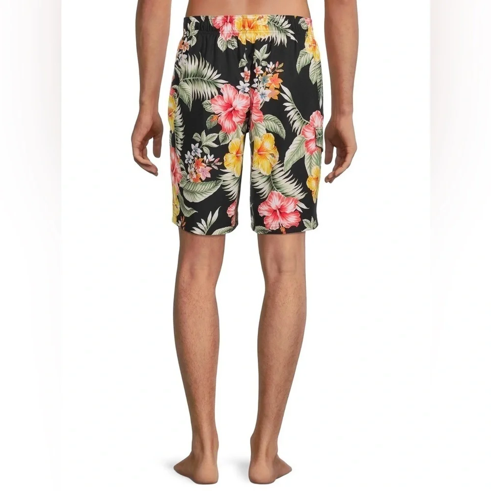 Black floral Hawaiian print swim trunks